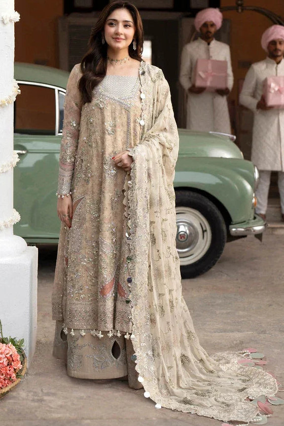 "Mirha Collections Nureh NL-96 Izel Jhoomro collection intricately embroidered heavily embellished luxury formal set with trousers and dupatta."