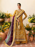 "Mirha Collections Gulaal Nayaara mustard luxury hand-embellished stitched three-piece organza suit. Full-length front view featuring tailored shirt, embellished dupatta, and raw silk trousers."