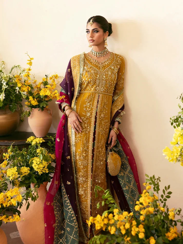 "Close-up detailing on the Gulaal Nayaara shirt bodice, displaying hand-worked adda embellishments, sheesha accents, panni embroidery, and fine organza fabric texture."