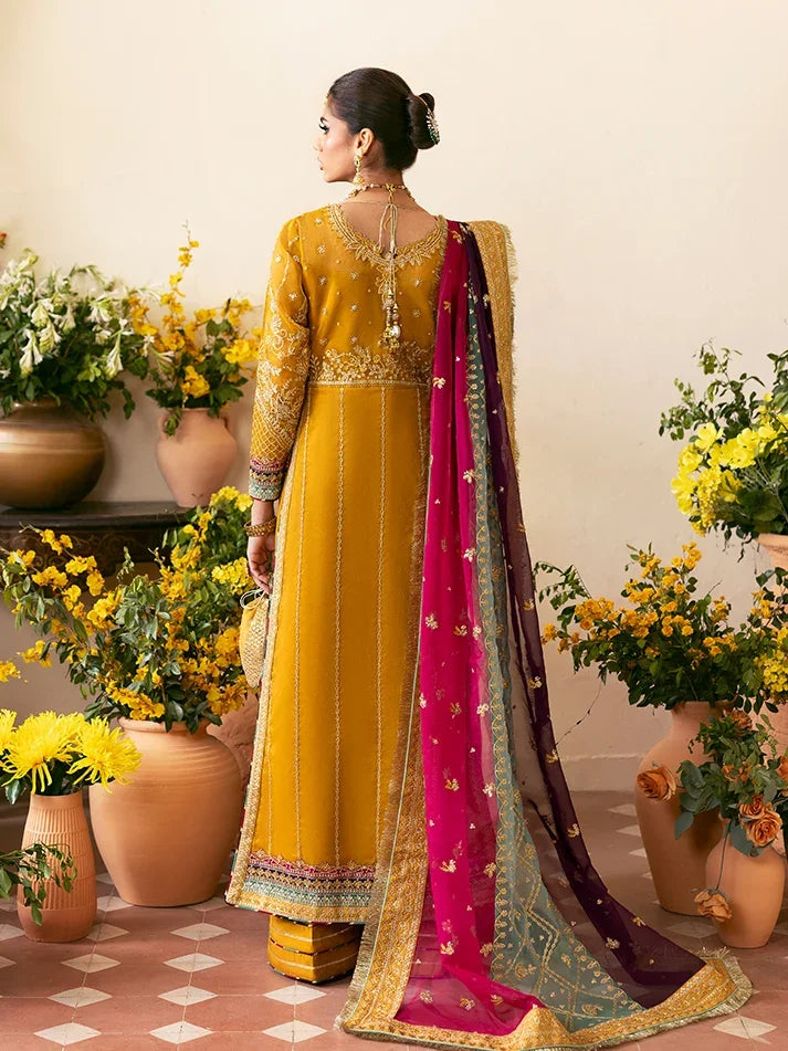 "Detailed drape view of the fluid luxury embroidered organza statement dupatta with finished border motifs paired with the Gulaal Nayaara formal suit from Mirha Collections."