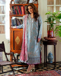 "Mirha Collections Mushq Neelam royal blue luxury stitched three-piece suit. Full-length front view featuring embroidered satin zari shirt, jamawar trousers, and zari tissue dupatta."