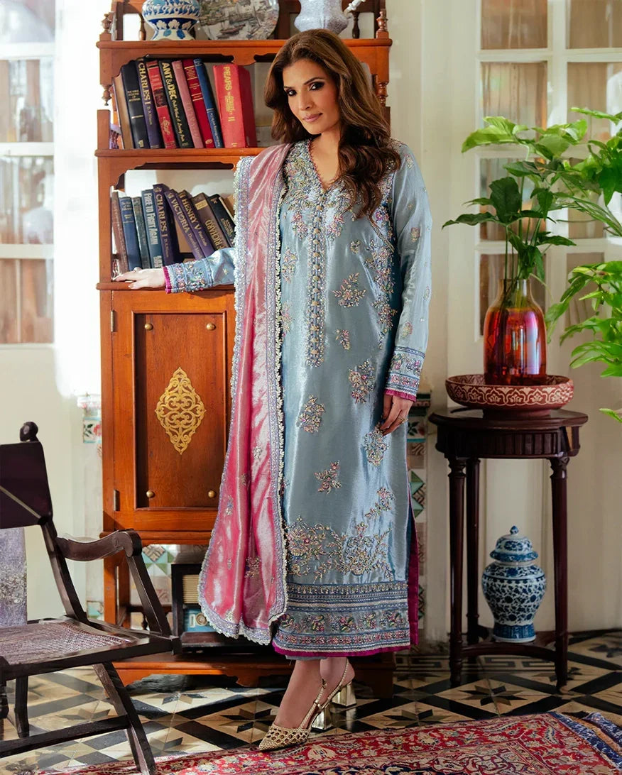 "Mirha Collections Mushq Neelam royal blue luxury stitched three-piece suit. Full-length front view featuring embroidered satin zari shirt, jamawar trousers, and zari tissue dupatta."