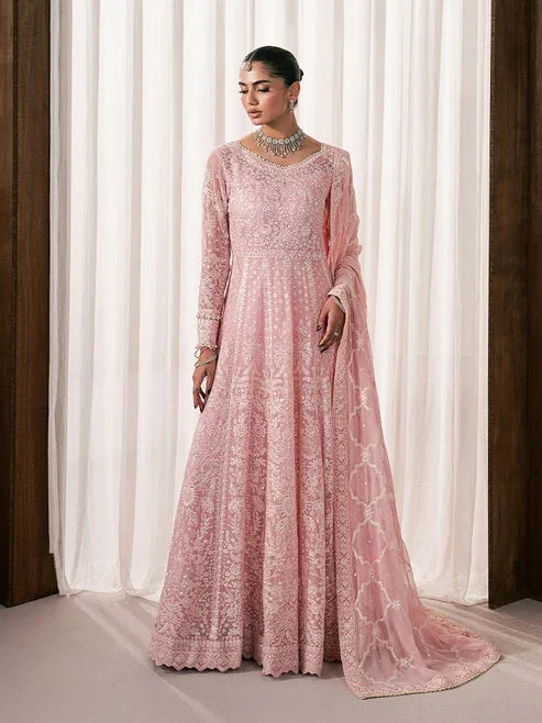"Mirha Collections Gulaal Noa luxury embroidered stitched three-piece chiffon suit. Full-length front view featuring tailored shirt, embellished dupatta, and trousers."