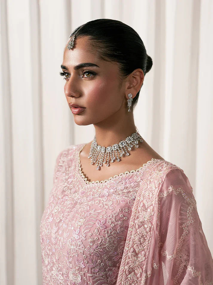 "Close-up detailing on the Gulaal Noa shirt bodice, displaying fine threadwork embroidery, delicate sequin accents, and soft chiffon fabric texture."