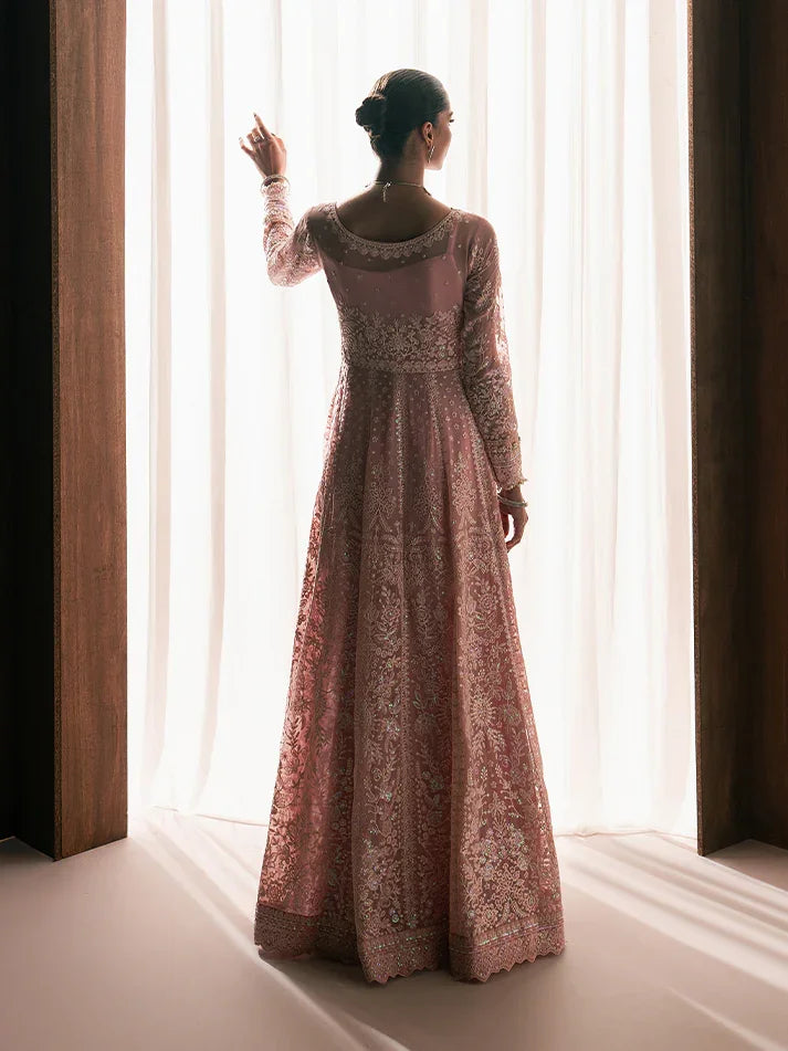 "Detailed drape view of the fluid luxury embroidered chiffon statement dupatta paired with the Gulaal Noa formal suit from Mirha Collections."
