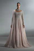 "Mirha Collections Vera nude pink kalidaar with floor-length flared skirt formal three-piece bridal ensemble."