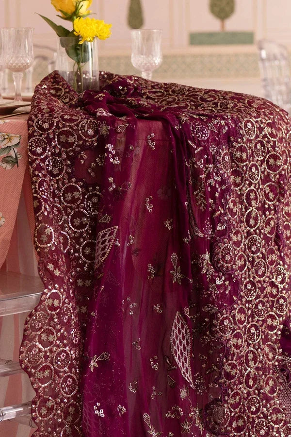 "Focus on matching heavy statement embroidered dupatta framed with detailed four-sided borders paired with Nureh NL-97 Nur set."