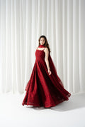 "Mirha Collections LXM Red Cotton Net Kalidaar stitched three-piece suit. Full-length flared frock view with all-over floral embroidery, silk dupatta, and straight trousers."