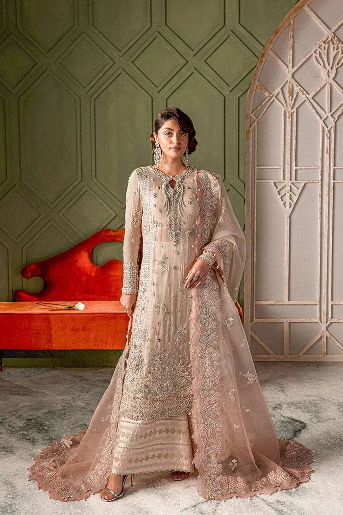 "Mirha Collections Vera pale peach raw silk embroidered shirt with wide-leg Azaar trousers formal three-piece set."