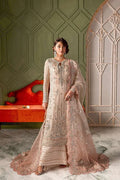 "Mirha Collections Vera pale peach raw silk embroidered shirt with wide-leg Azaar trousers formal three-piece set."