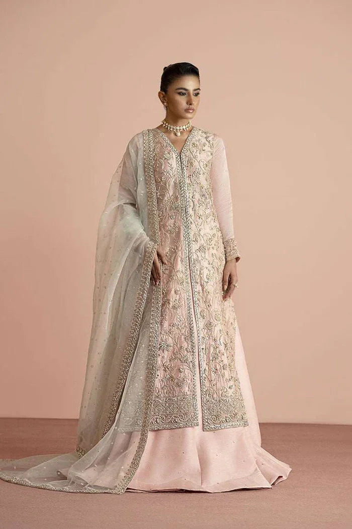 "Mirha Collections Vera pink embellished shirt with flared raw silk lehnga and contrasting aqua organza dupatta luxury formal three-piece set."