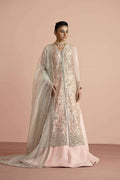 "Mirha Collections Vera pink embellished shirt with flared raw silk lehnga and contrasting aqua organza dupatta luxury formal three-piece set."