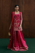 "Mirha Collections Suffuse Ryelle silk printed and embroidered shirt with straight raw silk trousers luxury pret three-piece set."