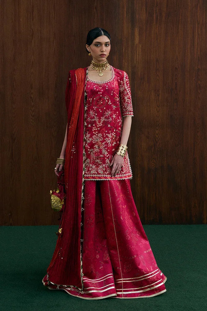 "Mirha Collections Suffuse Ryelle silk printed and embroidered shirt with straight raw silk trousers luxury pret three-piece set."