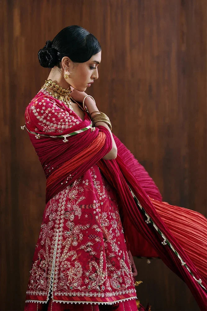"Close-up of delicate resham embroidery, hand-worked pearl accents, and lace detailing on the Suffuse Ryelle silk shirt neckline."