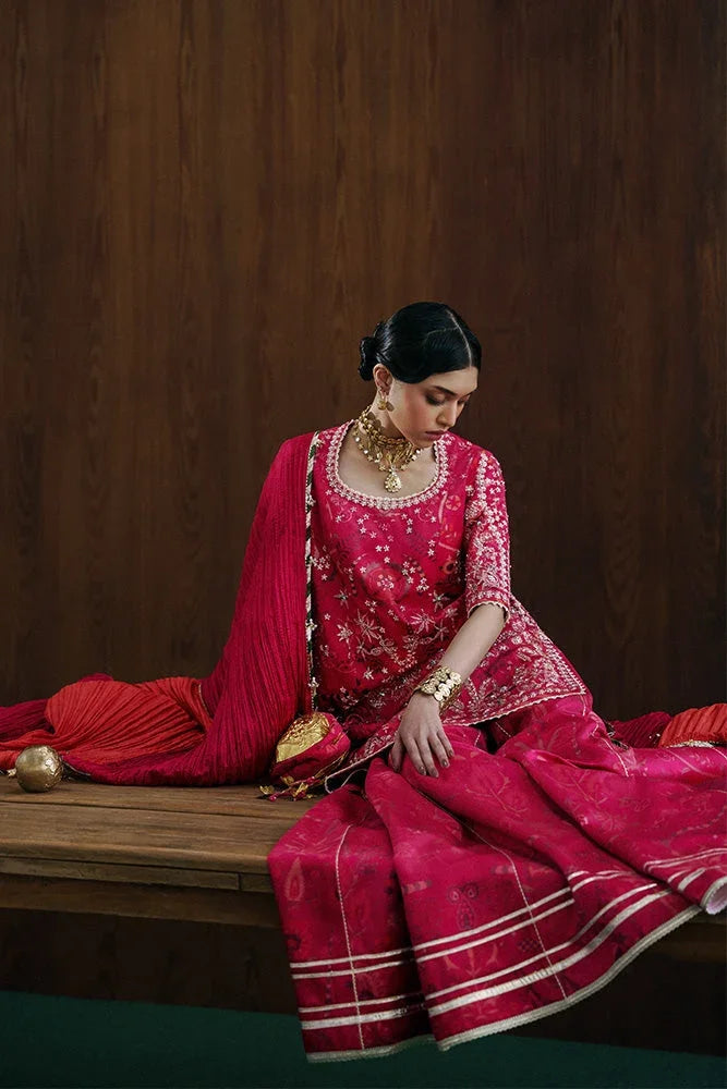 "Detailed view of sleeve border trim and embroidered hemline finishings on the Suffuse Ryelle silk pret outfit."