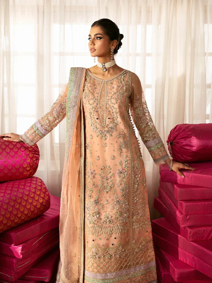 "Close-up detailing on the Gulaal Raniya shirt bodice, displaying hand-worked adda embellishments, sheesha accents, sequin detailing, and fine organza fabric texture."