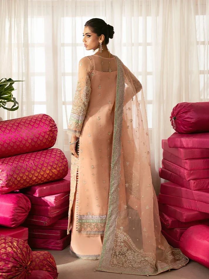"Detailed drape view of the fluid embroidered organza dupatta finished with silver zari naqshi ball accents paired with the Gulaal Raniya formal suit from Mirha Collections."