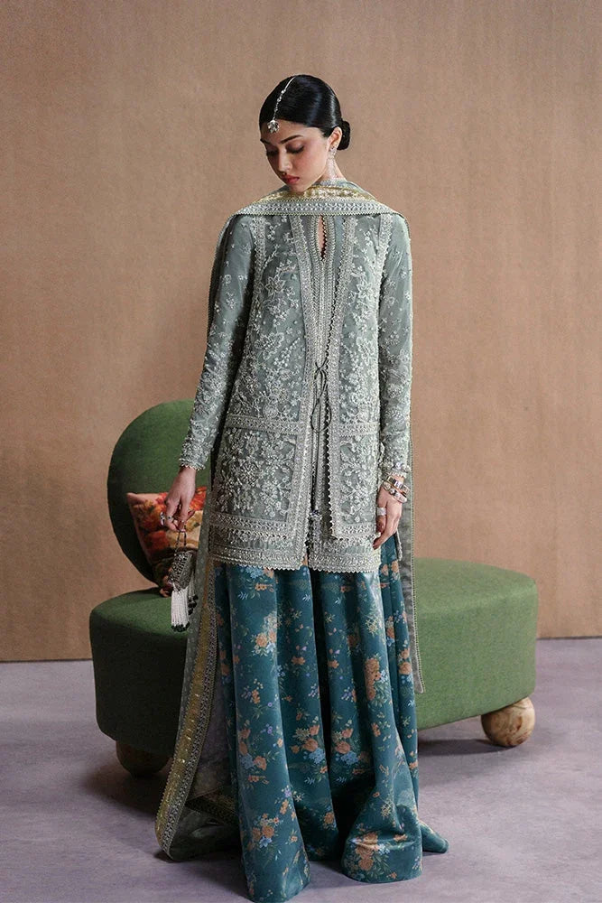 "Mirha Collections Suffuse Selineh silk printed and embroidered shirt with straight raw silk trousers luxury silk pret three-piece set."