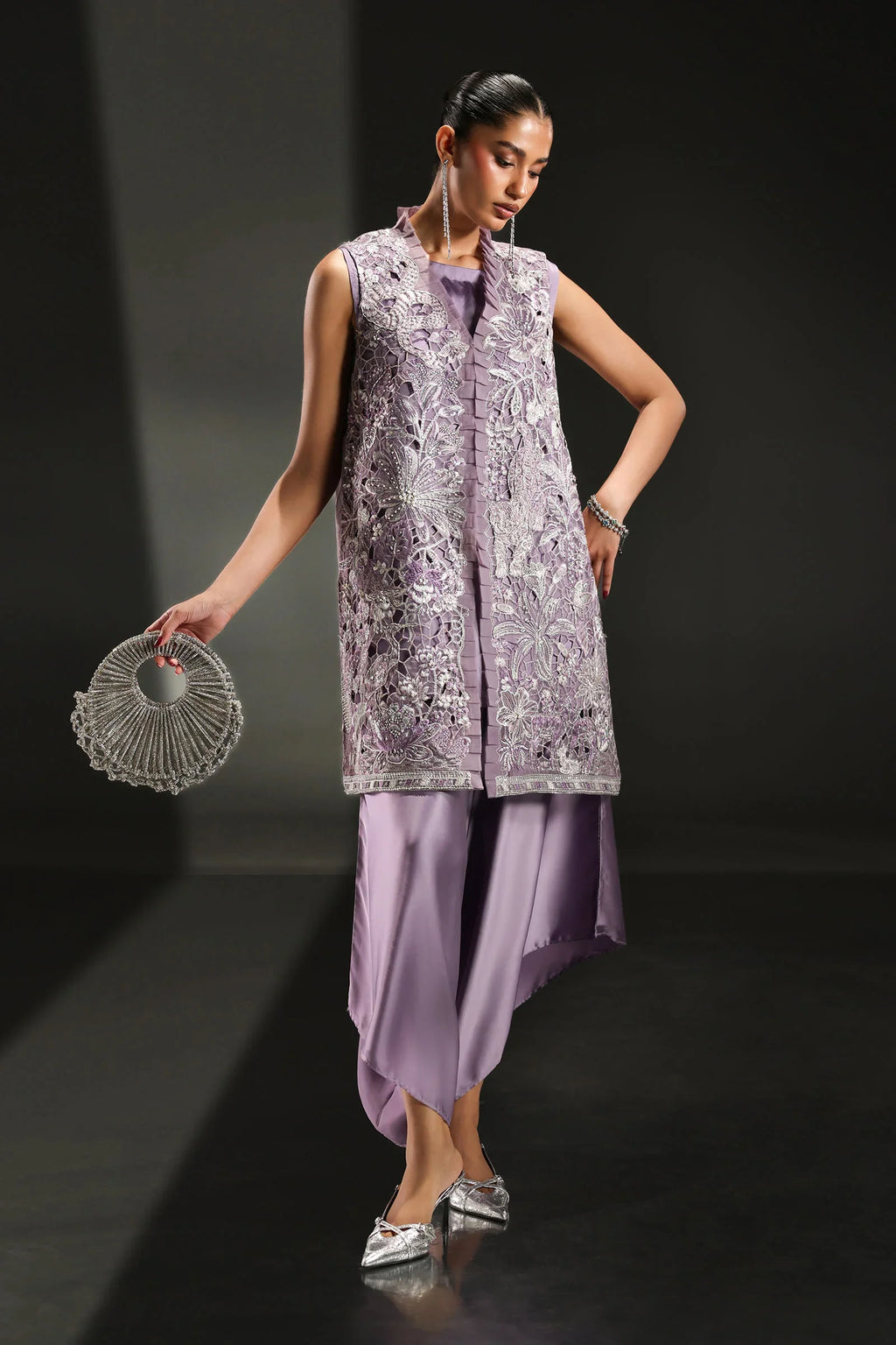 Mirha Collections Maria B SF-EA26-22 soft lilac embroidered luxury stitched three-piece suit full length view