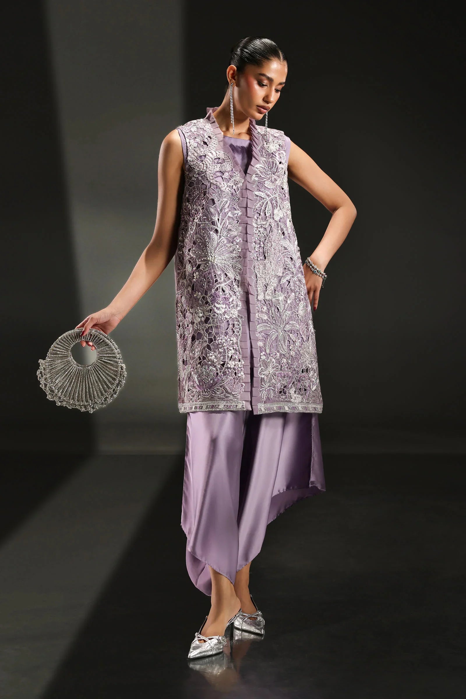 Mirha Collections Maria B SF-EA26-22 soft lilac embroidered luxury stitched three-piece suit full length view