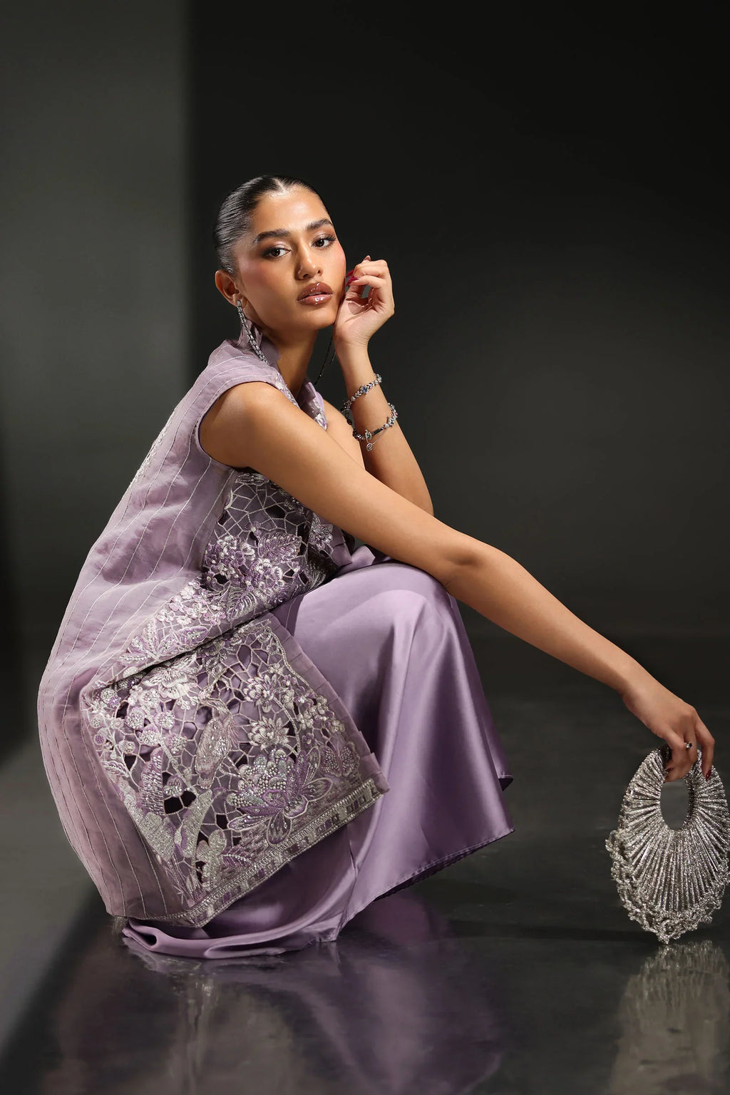 Draped embroidered statement dupatta paired with Maria B SF-EA26-22 Lilac suit at Mirha Collections