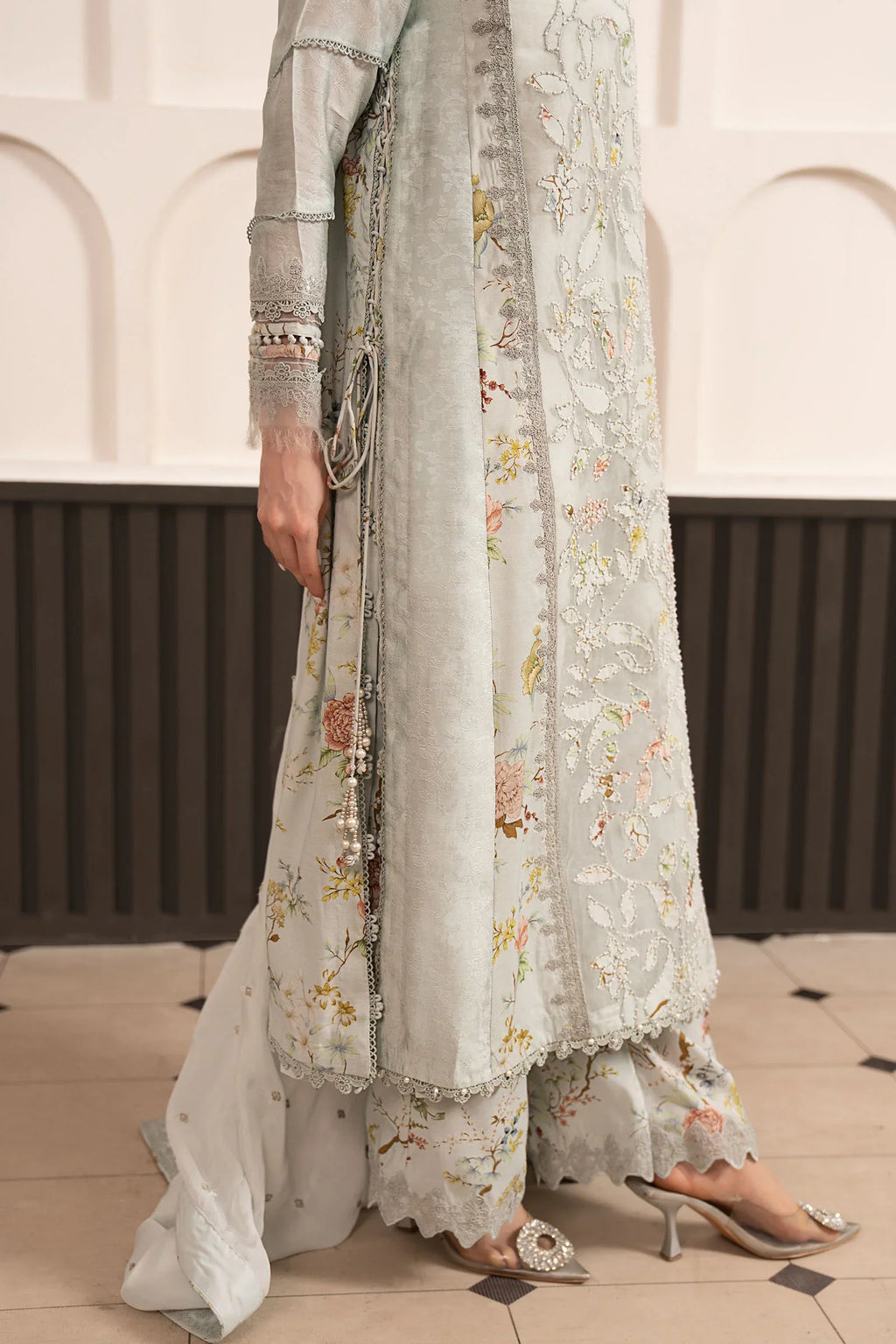 "Detailed drape view of the spray-embroidered medium silk dupatta with four-sided embroidered borders paired with the Maria B SF-EA26-24 suit from Mirha Collections."
