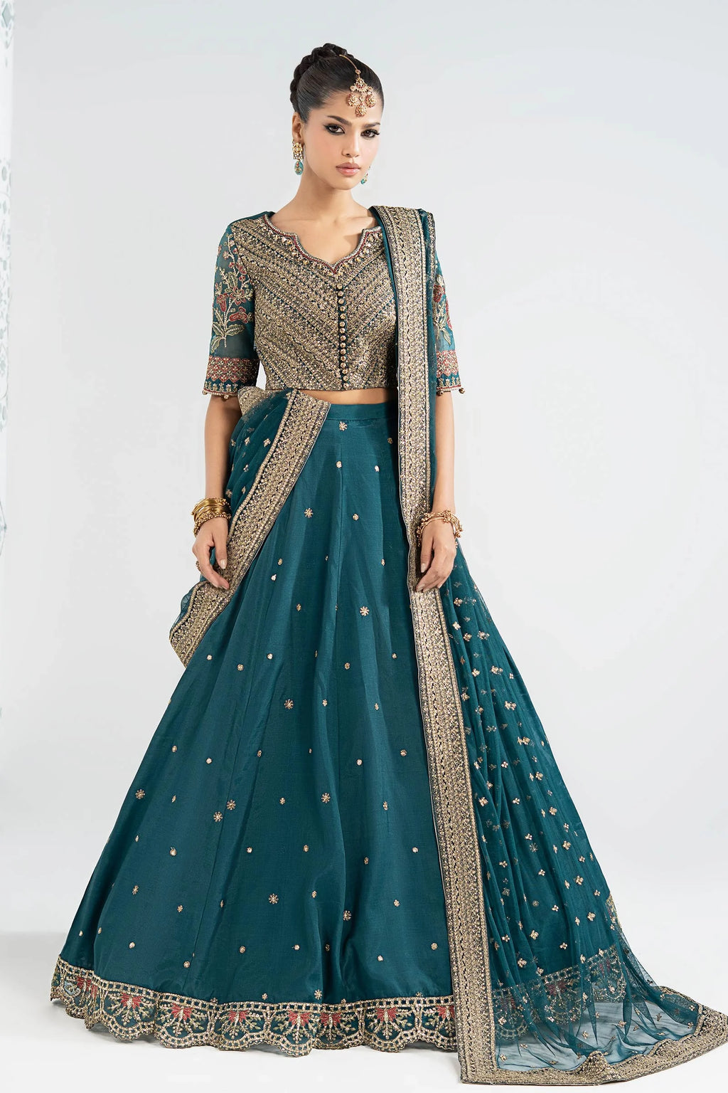 "Mirha Collections Maria B SF-EA26-27 deep teal luxury hand-embellished stitched three-piece silk suit. Full-length front view featuring tailored shirt, statement dupatta, and silk trousers."