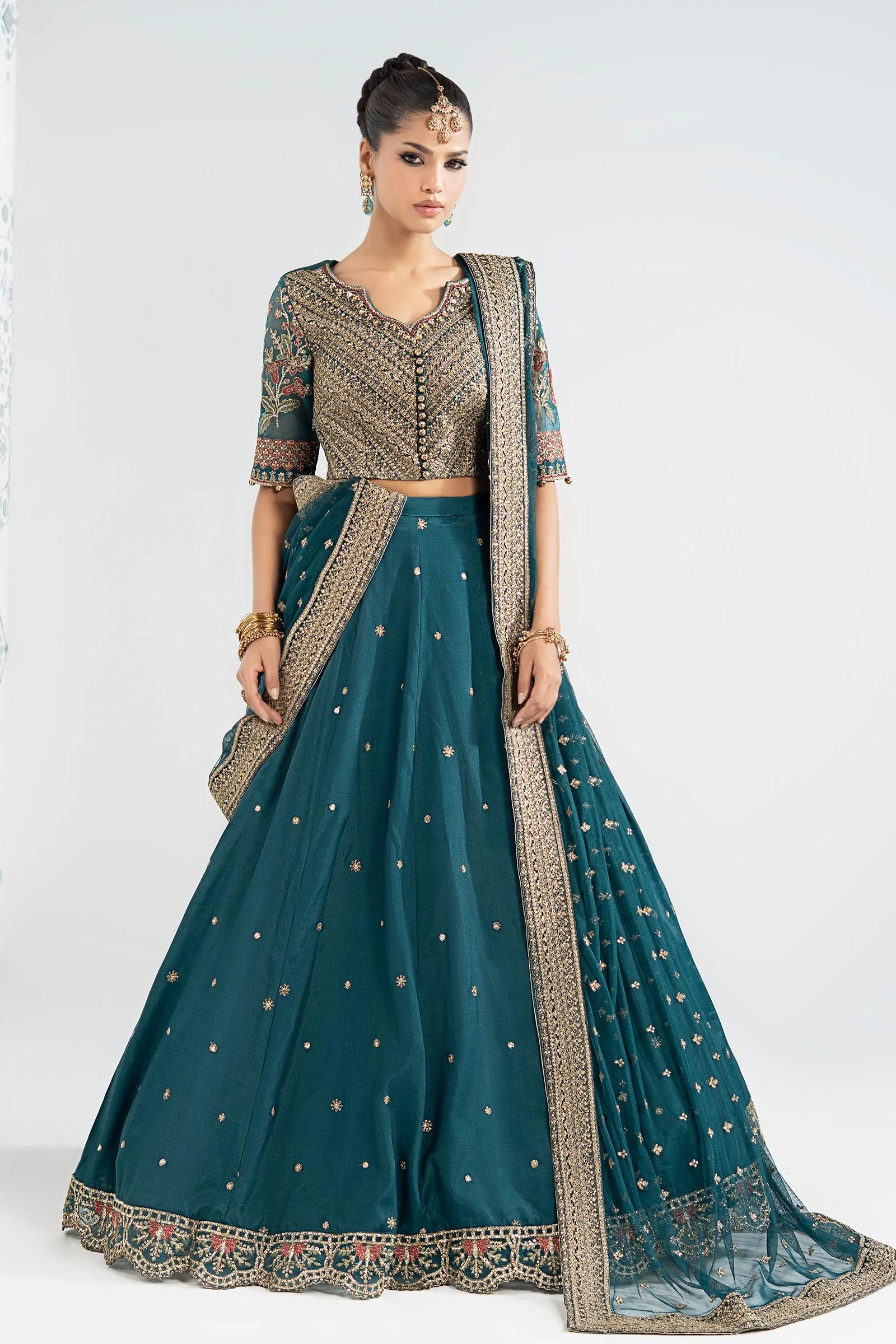 "Mirha Collections Maria B SF-EA26-27 deep teal luxury hand-embellished stitched three-piece silk suit. Full-length front view featuring tailored shirt, statement dupatta, and silk trousers."