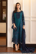 "Mirha Collections Maria B teal silk embroidered formal suit SF-EF26-14 with trousers and silk dupatta three-piece set."