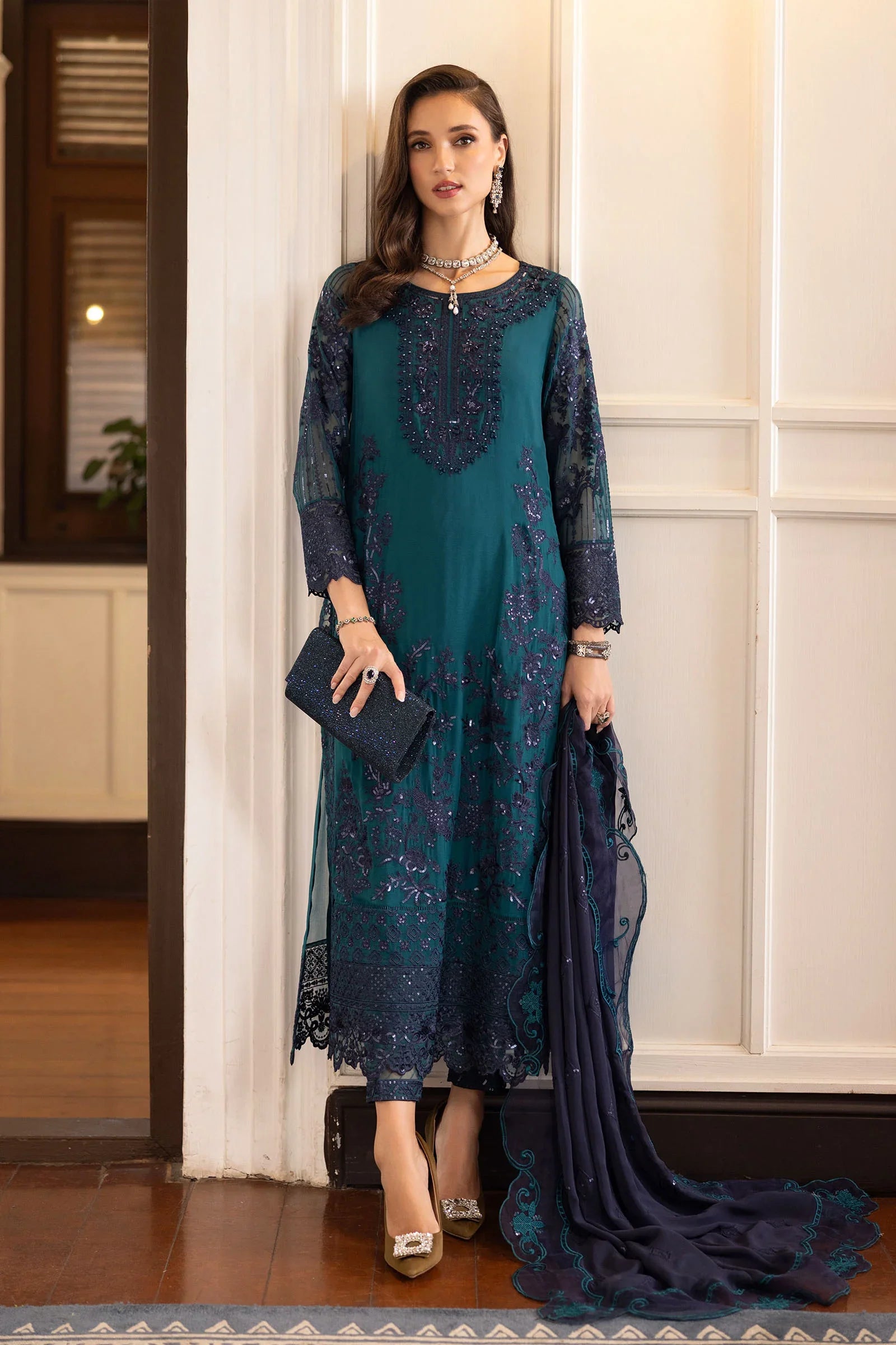 "Mirha Collections Maria B teal silk embroidered formal suit SF-EF26-14 with trousers and silk dupatta three-piece set."