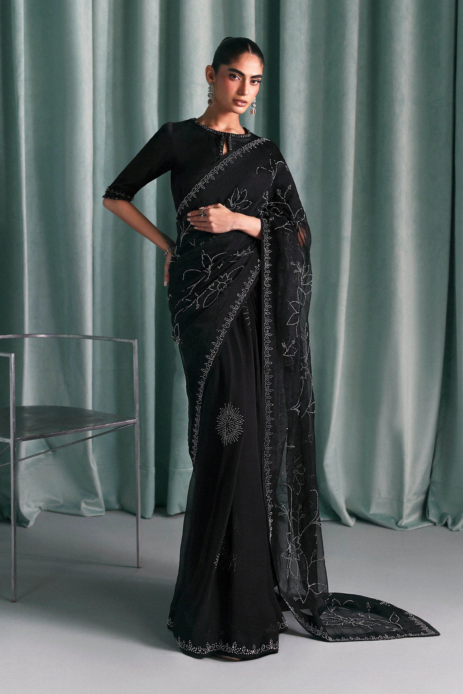 "Mirha Collections Maria B SF-PF26-02 black luxury diamante embellished chiffon saree. Full-length front drape featuring embellished raw silk blouse and statement saree pallu."