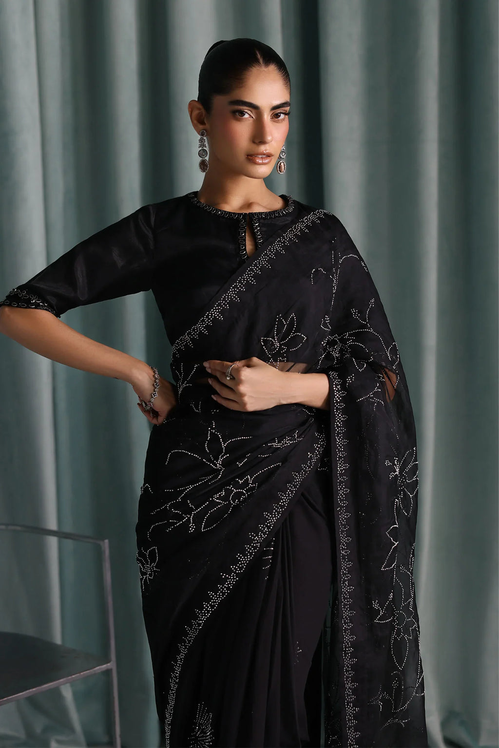 "Focus on the three-quarter sleeve cuff trimmings and back neck design details of the Maria B SF-PF26-02 Black stitched saree blouse, showing boutique-quality tailoring."