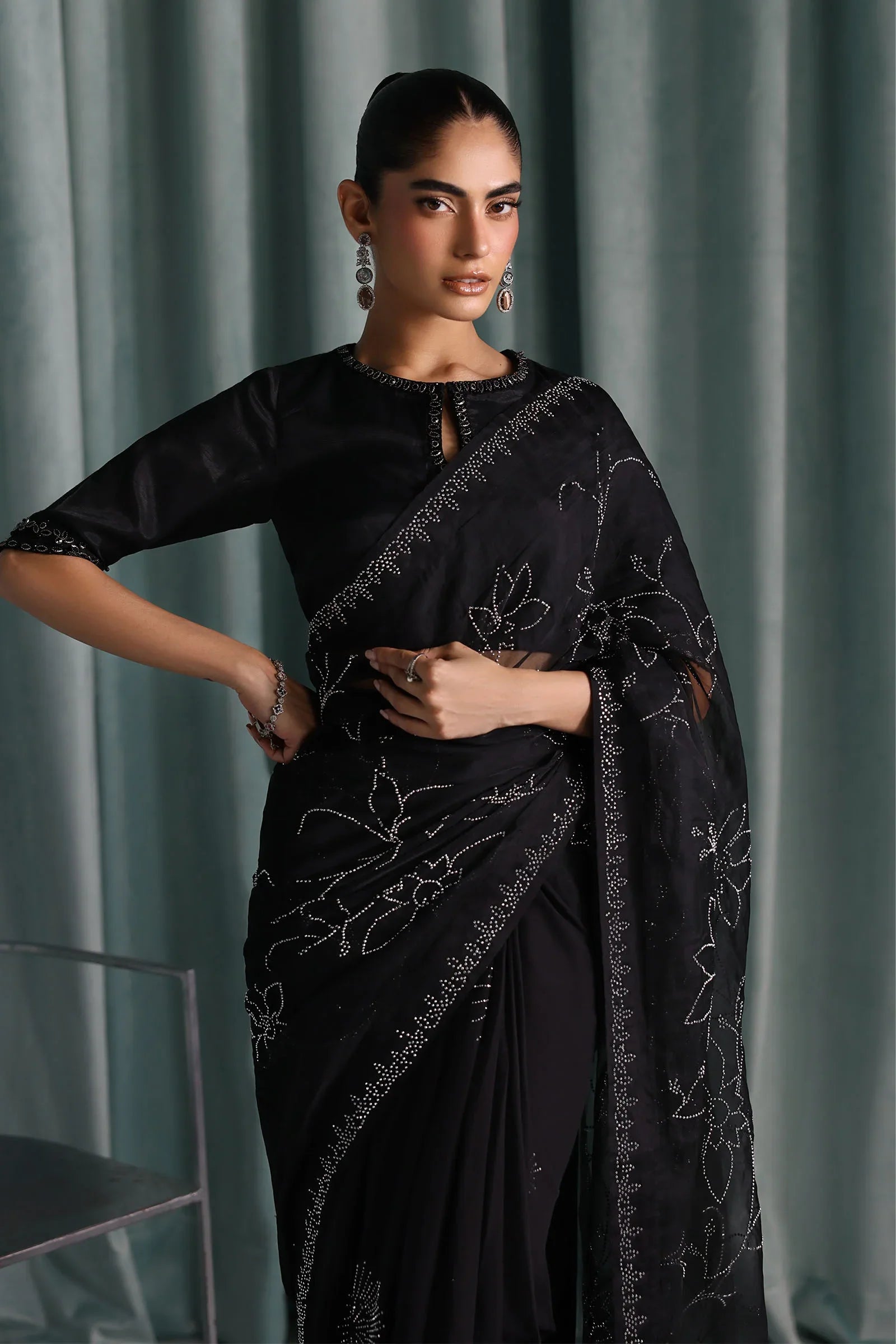 "Focus on the three-quarter sleeve cuff trimmings and back neck design details of the Maria B SF-PF26-02 Black stitched saree blouse, showing boutique-quality tailoring."