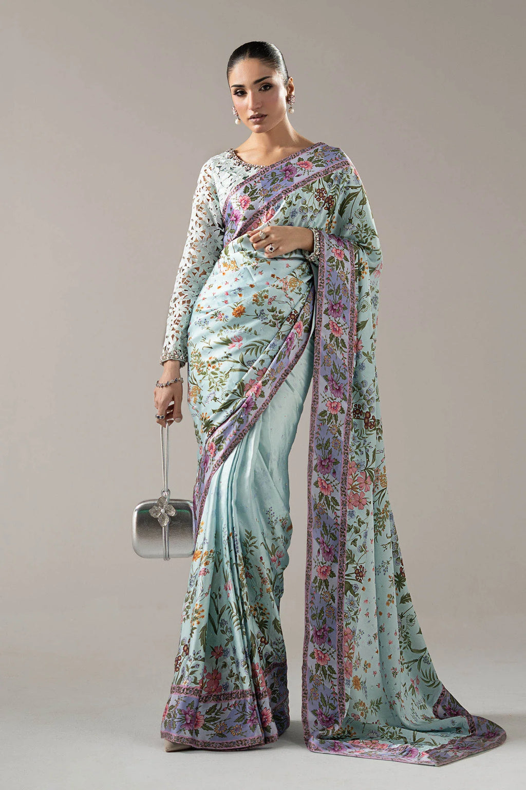 "Mirha Collections Maria B SF-PF26-08 aqua blue luxury hand-embellished charmeuse silk saree. Full-length front drape featuring embellished blouse and statement saree pallu."