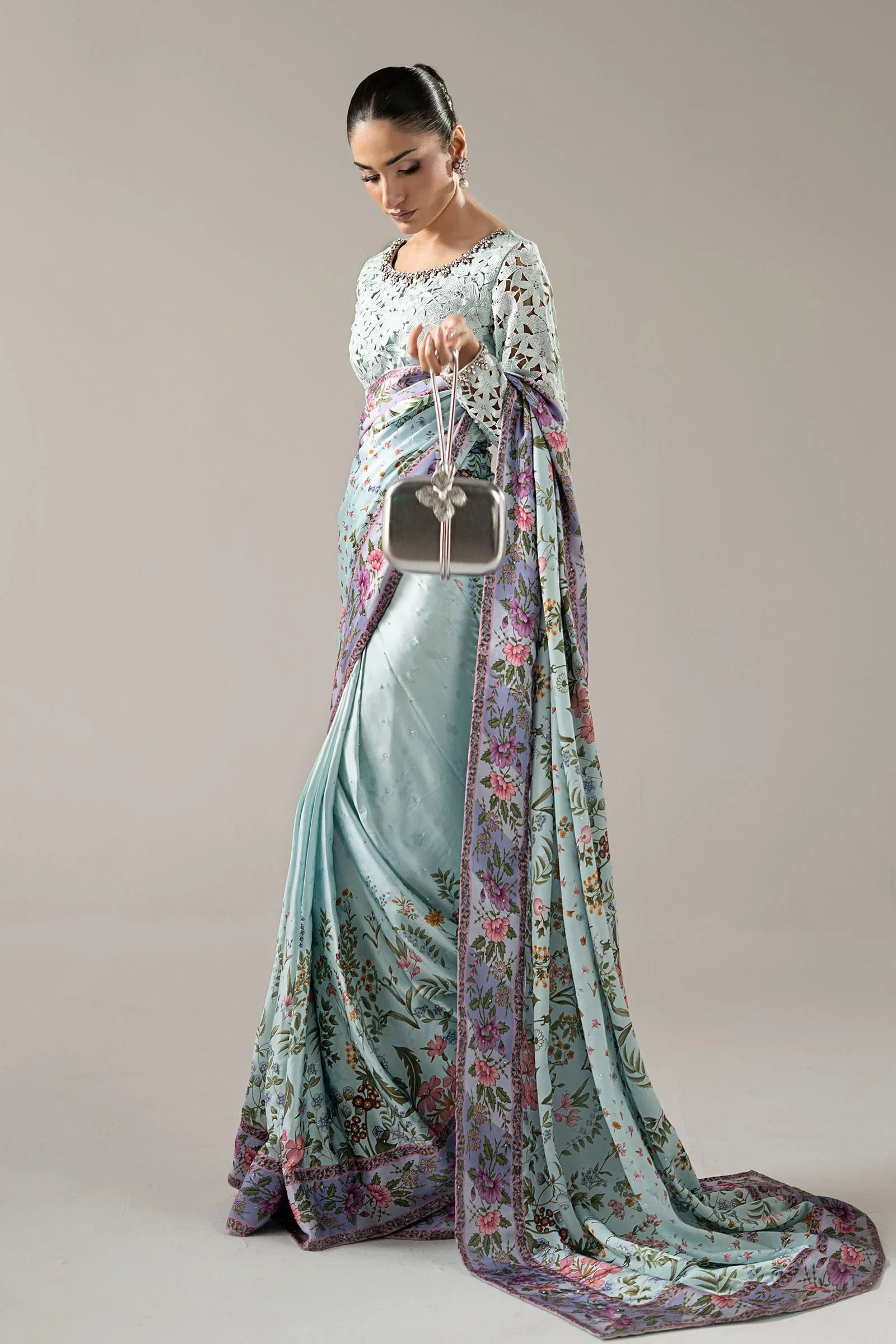 "Focus on the sleeve cuff trimmings and back neck design details of the Maria B SF-PF26-08 Aqua stitched saree blouse, showing boutique-quality tailoring."
