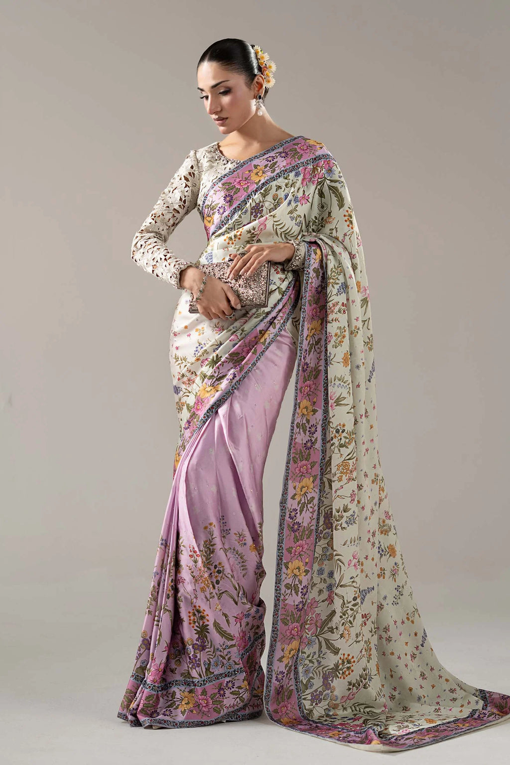 "Mirha Collections Maria B SF-PF26-08 off-white luxury hand-embellished charmeuse silk saree. Full-length front drape featuring embellished blouse and statement saree pallu."