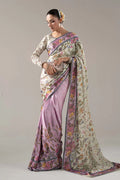 "Mirha Collections Maria B SF-PF26-08 off-white luxury hand-embellished charmeuse silk saree. Full-length front drape featuring embellished blouse and statement saree pallu."