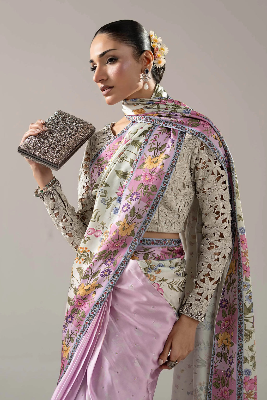 "Focus on the sleeve cuff trimmings and back neck design details of the Maria B SF-PF26-08 Off-White stitched saree blouse, showing boutique-quality tailoring."