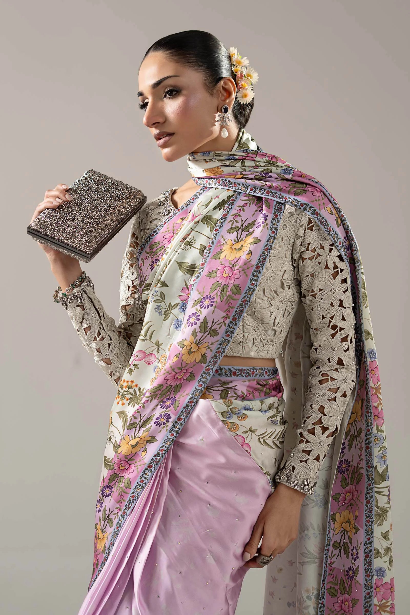 "Focus on the sleeve cuff trimmings and back neck design details of the Maria B SF-PF26-08 Off-White stitched saree blouse, showing boutique-quality tailoring."