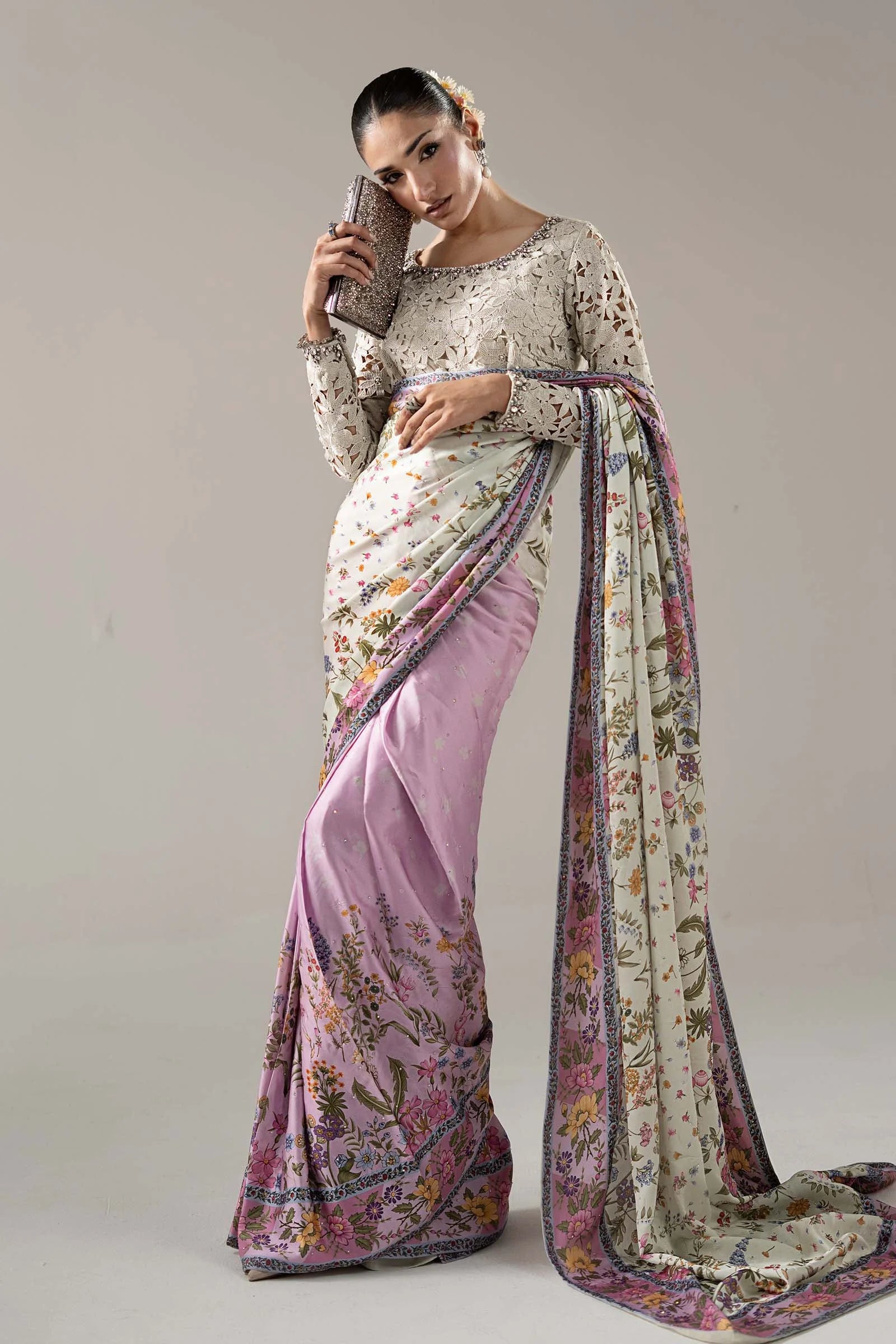 "Detailed drape view of the fluid charmeuse silk saree pallu with intricate border finishings from the Maria B SF-PF26-08 collection at Mirha Collections."