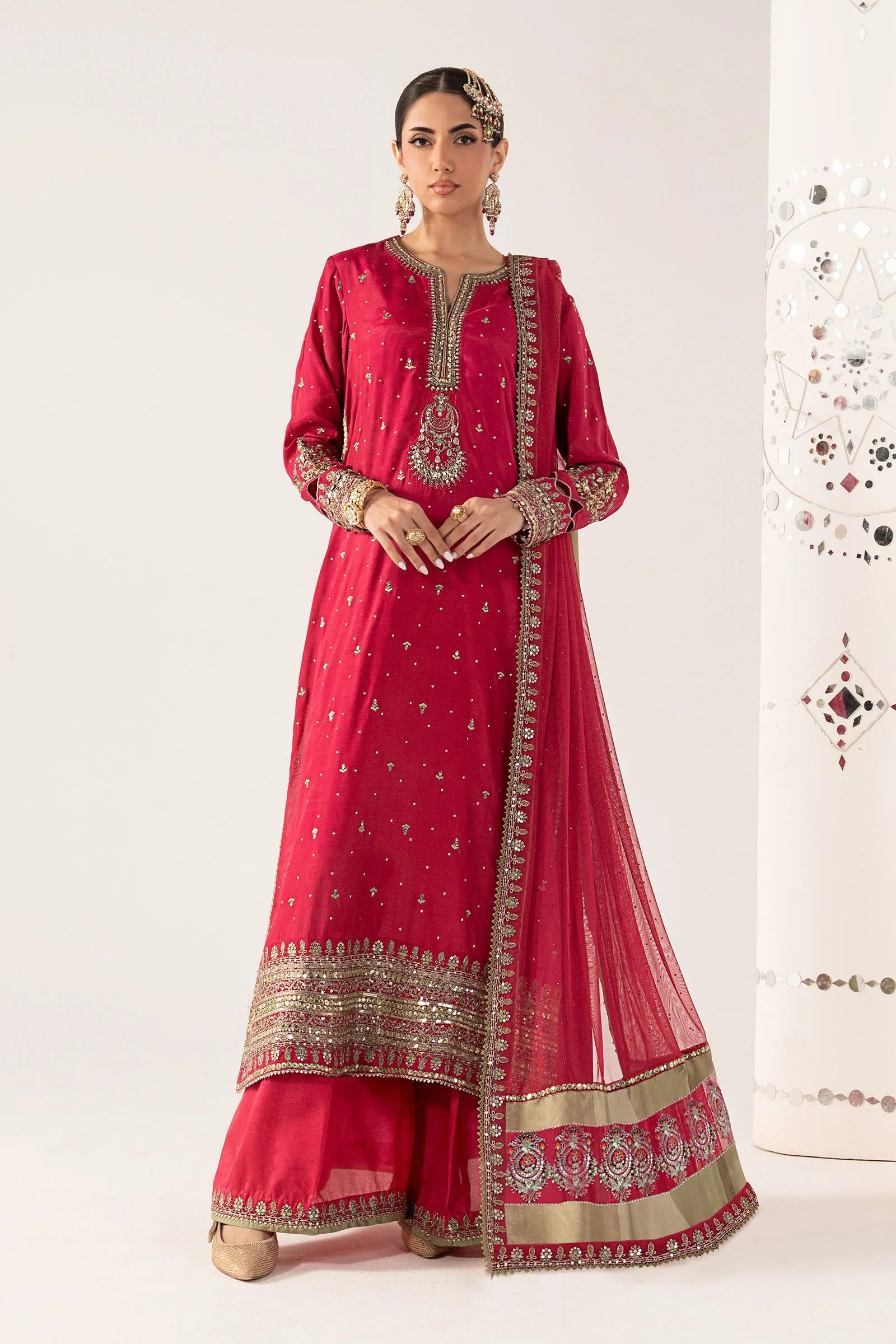 "Mirha Collections Maria B SF-PF26-10 soft pink luxury hand-embellished stitched three-piece organza suit. Full-length front view featuring tailored shirt, statement dupatta, and silk trousers."