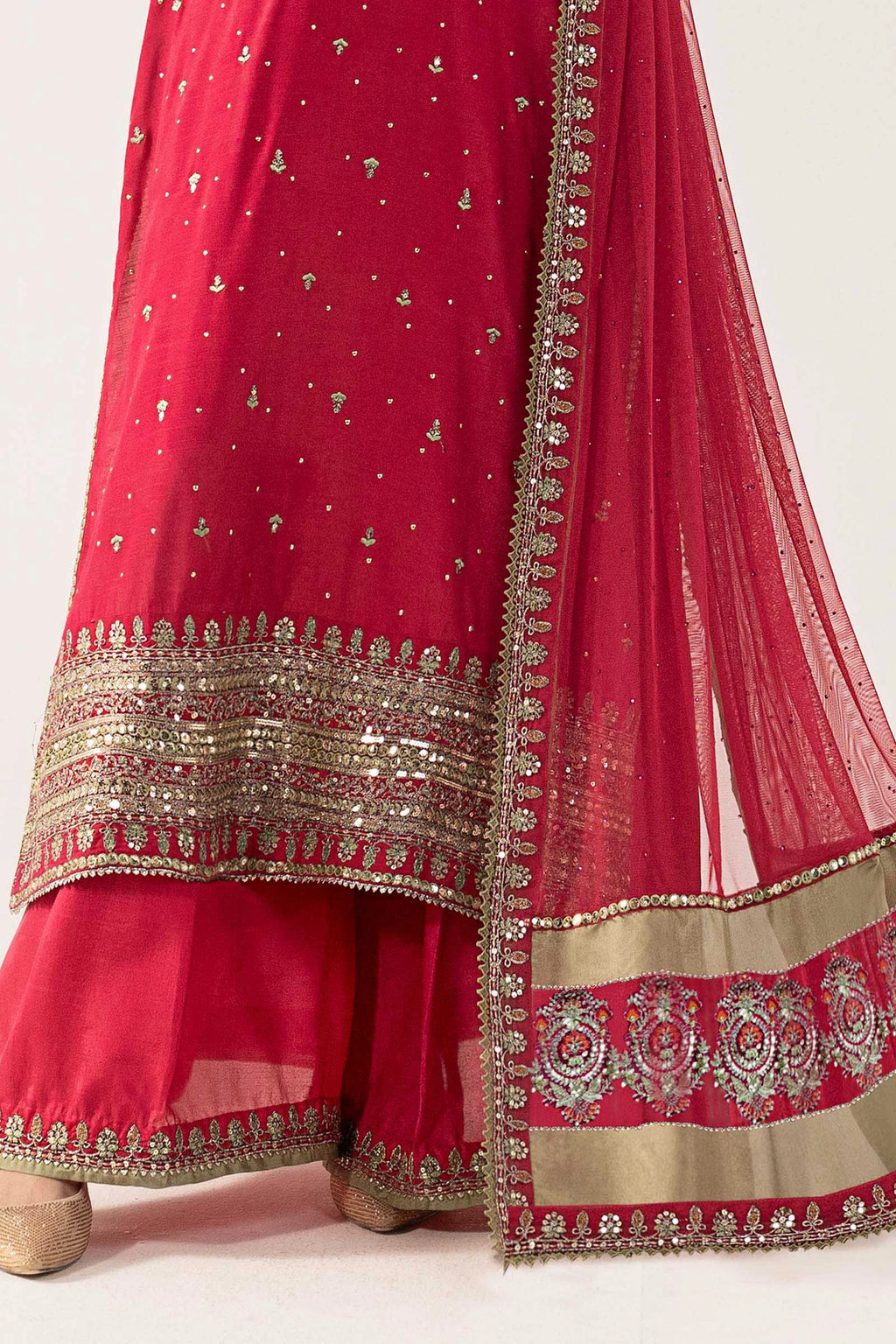 "Detailed drape view of the fluid luxury embroidered statement organza dupatta with cutwork borders paired with the Maria B SF-PF26-10 suit from Mirha Collections."