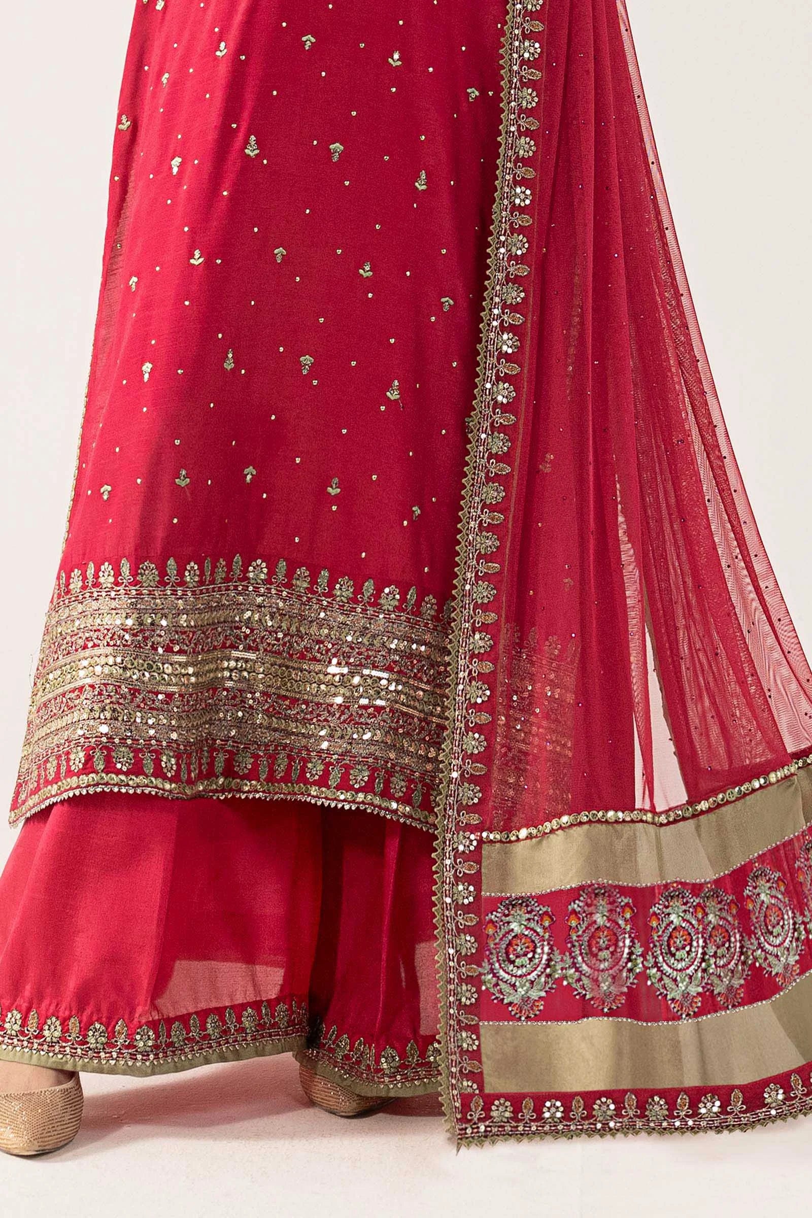 "Detailed drape view of the fluid luxury embroidered statement organza dupatta with cutwork borders paired with the Maria B SF-PF26-10 suit from Mirha Collections."