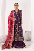 "Mirha Collections Maria B SF-W25-37 royal purple luxury hand-embellished stitched three-piece silk suit. Full-length front view featuring tailored shirt, statement dupatta, and silk trousers."