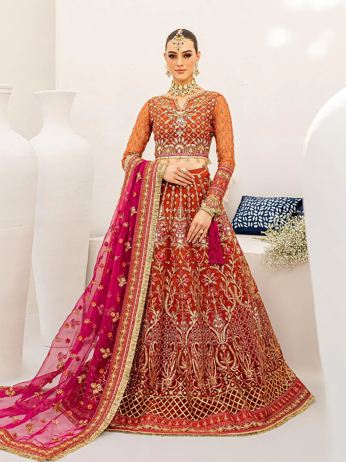 "Mirha Collections Gulaal Satrangi 01 multi-colored luxury embroidered stitched three-piece wedding suit. Full-length front view featuring tailored shirt, statement dupatta, and raw silk trousers."