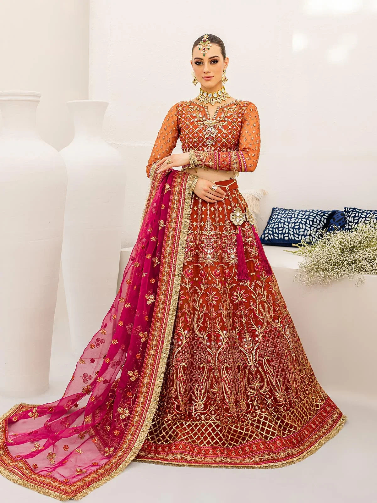 "Detailed drape view of the fluid luxury embroidered statement dupatta with vibrant border motifs paired with the Gulaal Satrangi 01 formal suit from Mirha Collections."