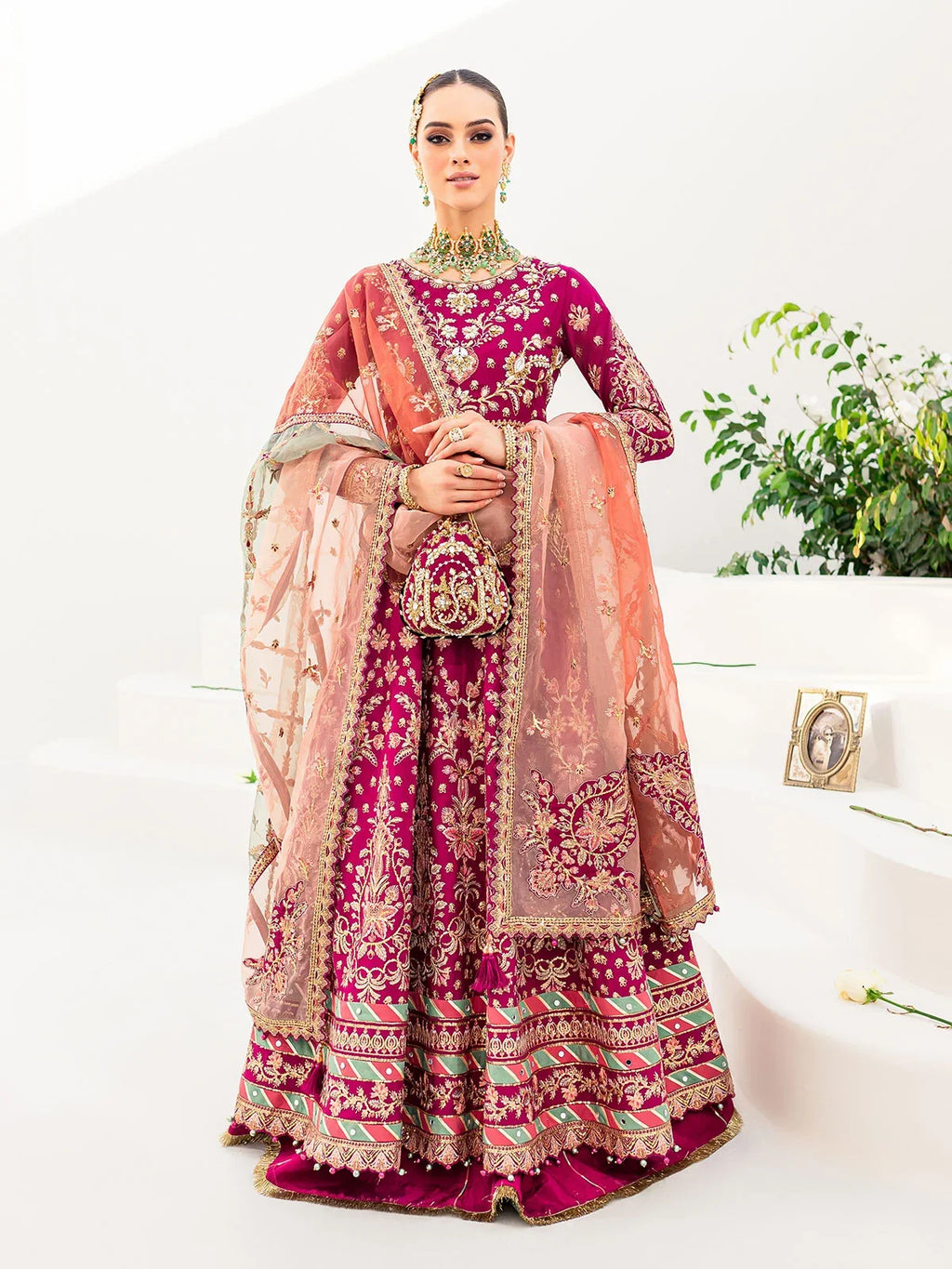 "Mirha Collections Gulaal Satrangi 01 multi-colored luxury embroidered stitched three-piece wedding suit. Full-length front view featuring tailored shirt, statement dupatta, and raw silk trousers."