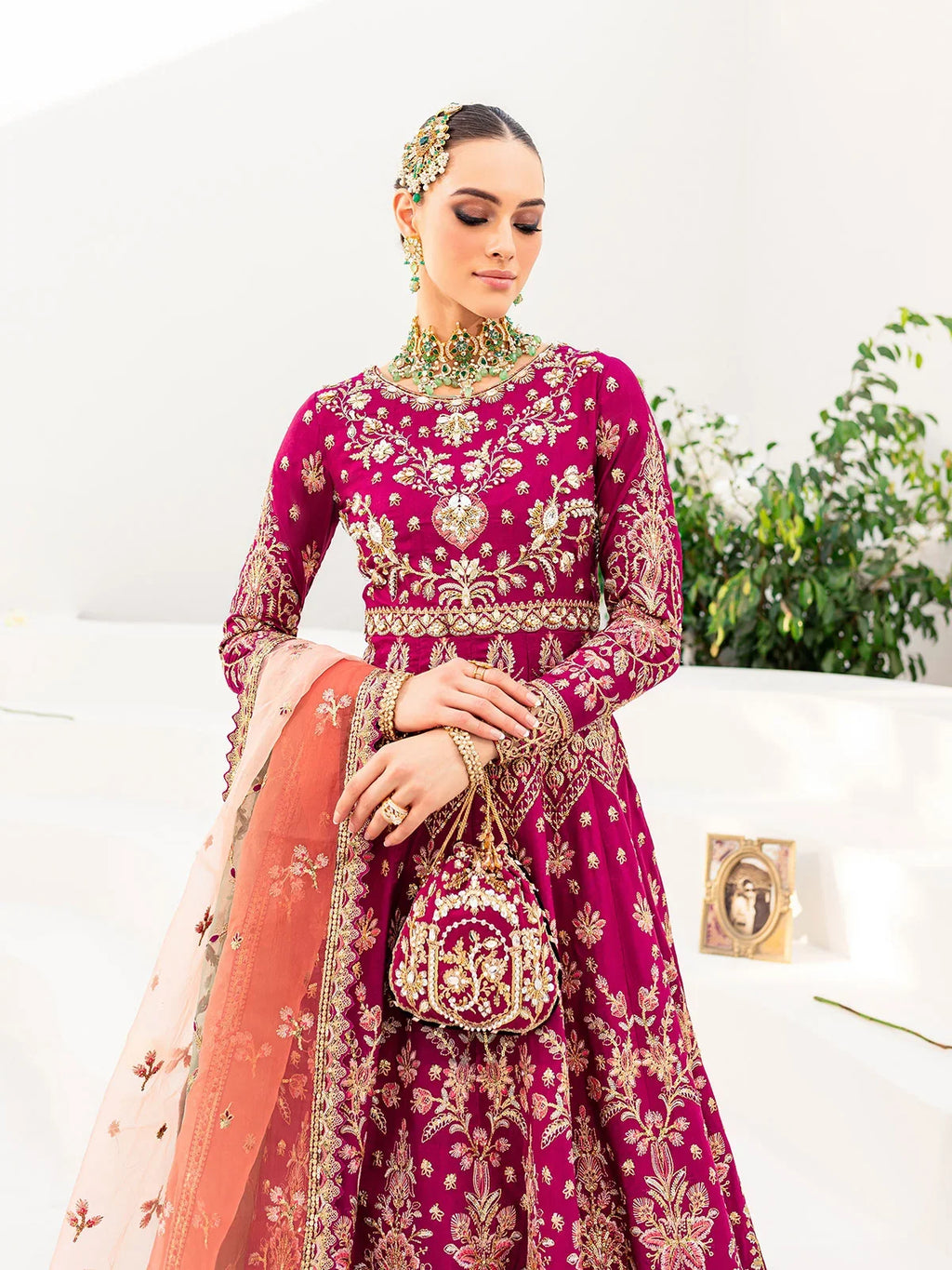 "Close-up detailing on the Gulaal Satrangi 01 shirt bodice, displaying fine traditional embroidery, delicate sequin accents, and rich fabric texture."