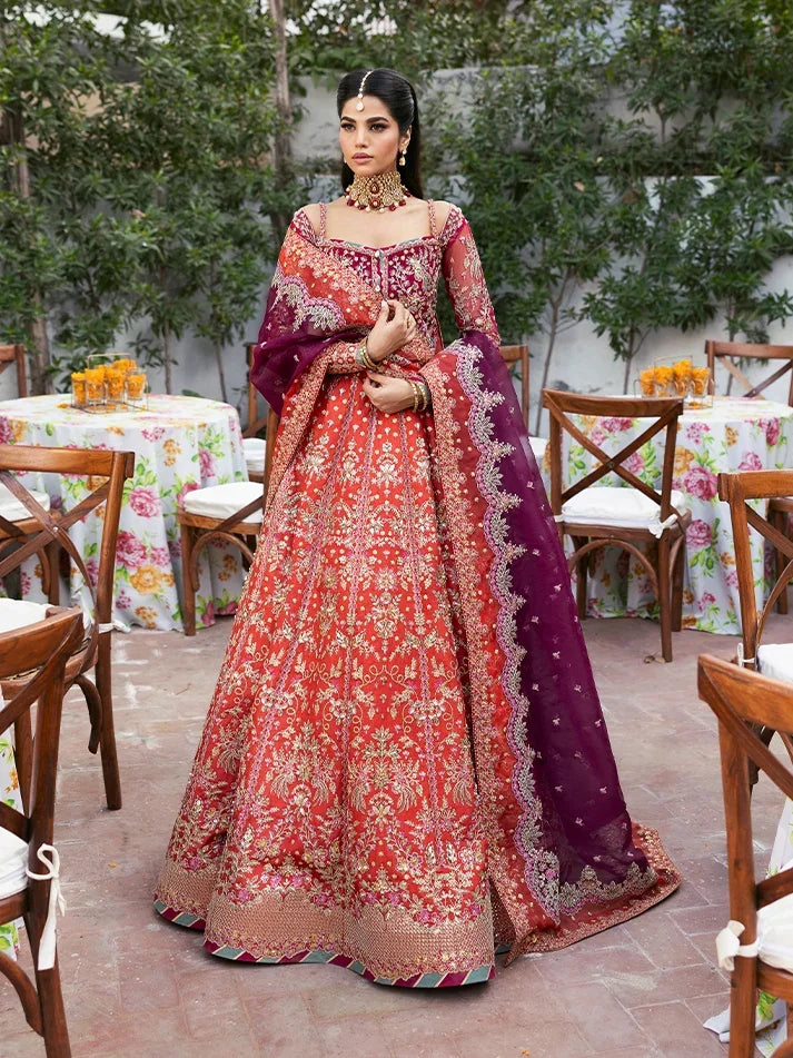 "Mirha Collections Gulaal Shabnam pink luxury hand-embellished stitched three-piece organza suit. Full-length front view featuring tailored shirt, embellished dupatta, and raw silk trousers."